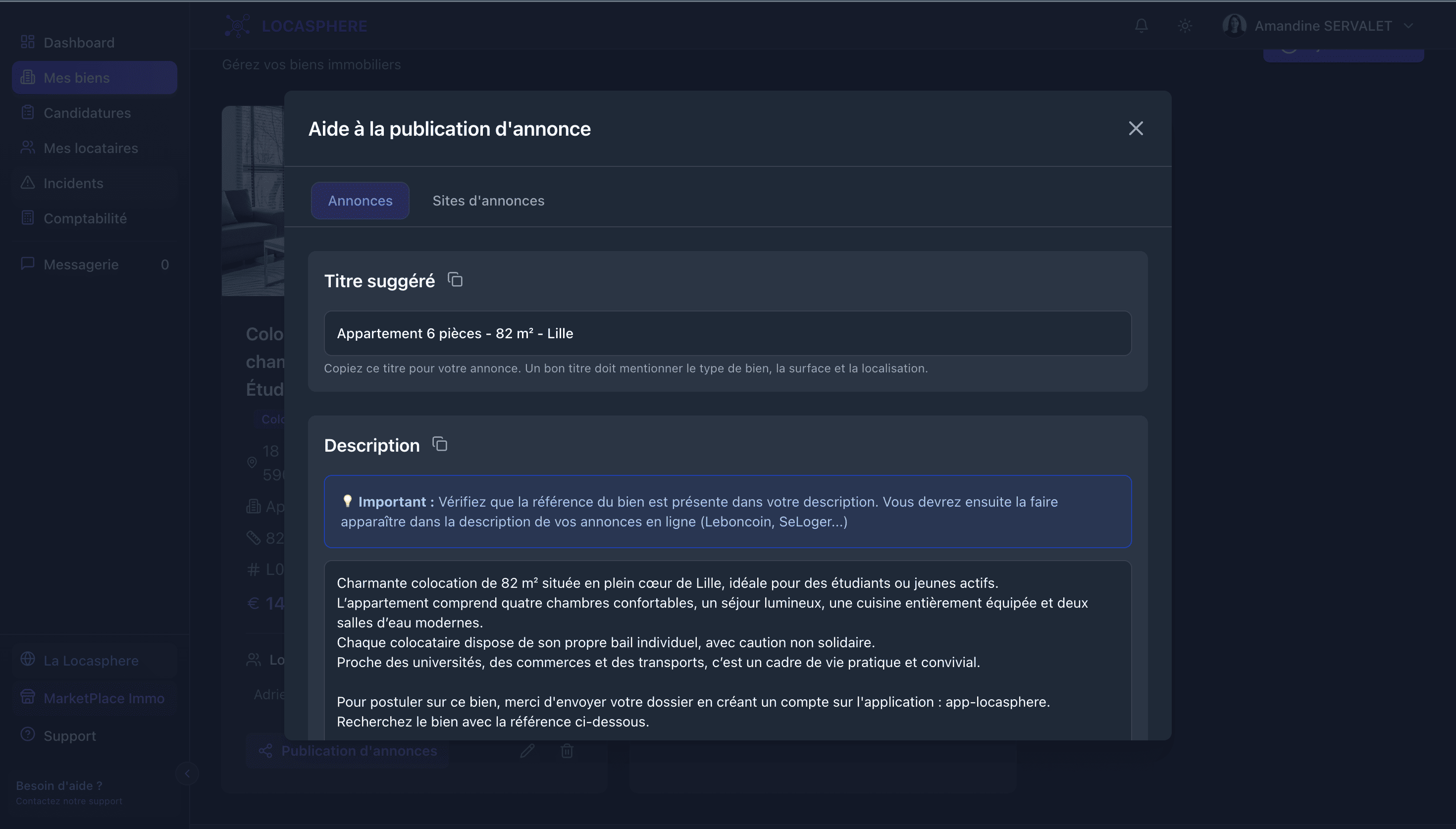 Outil d'aide à la création d'annonce immobilière Locasphere - copier-coller vers Leboncoin, PAP et SeLoger en un clic