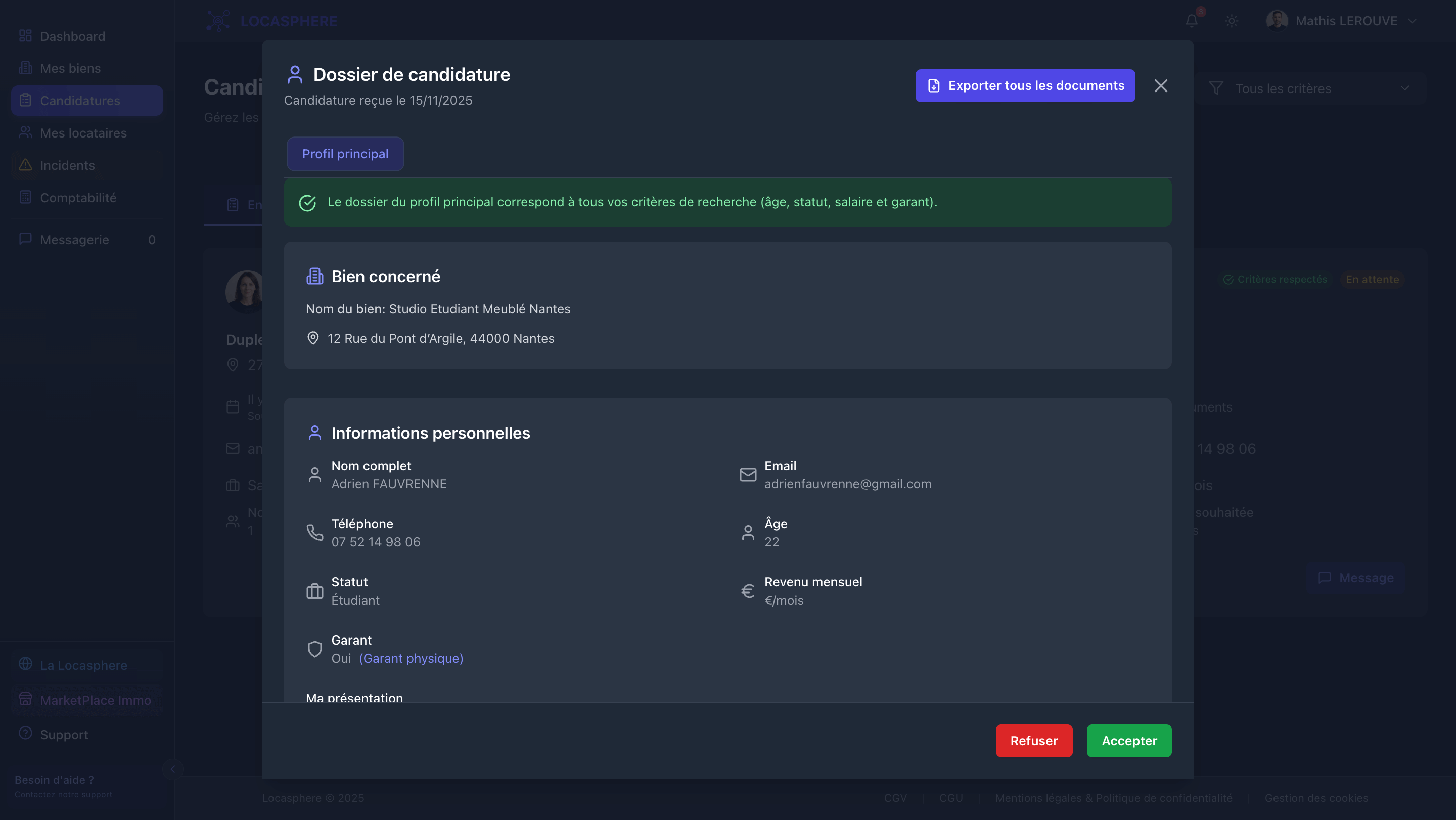 Gestion des candidatures locataires sur Locasphere - système de matching automatique et analyse des dossiers locataires
