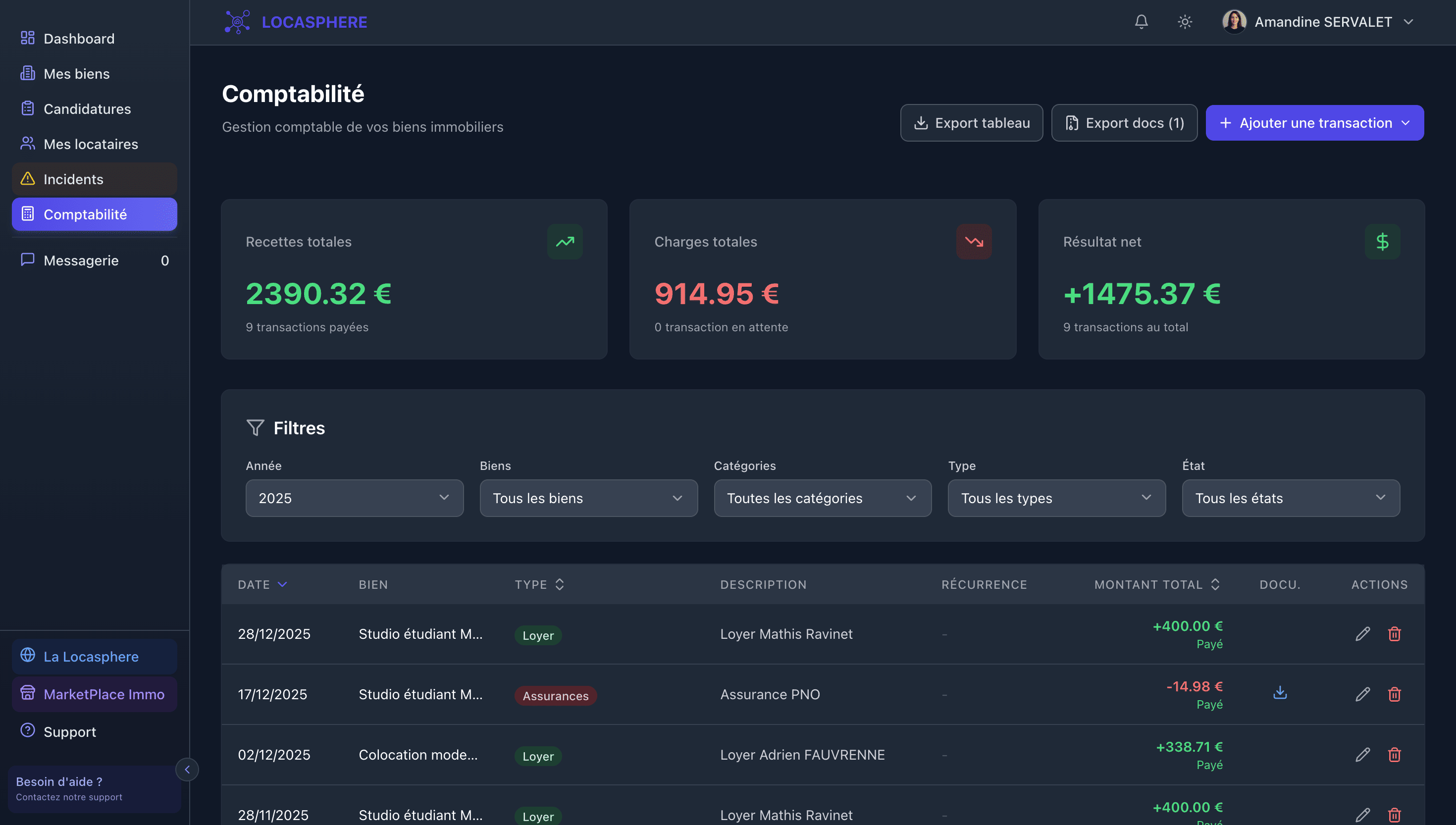 Comptabilité locative simplifiée sur Locasphere - suivi des loyers, charges et résultat net avec export pour déclaration fiscale