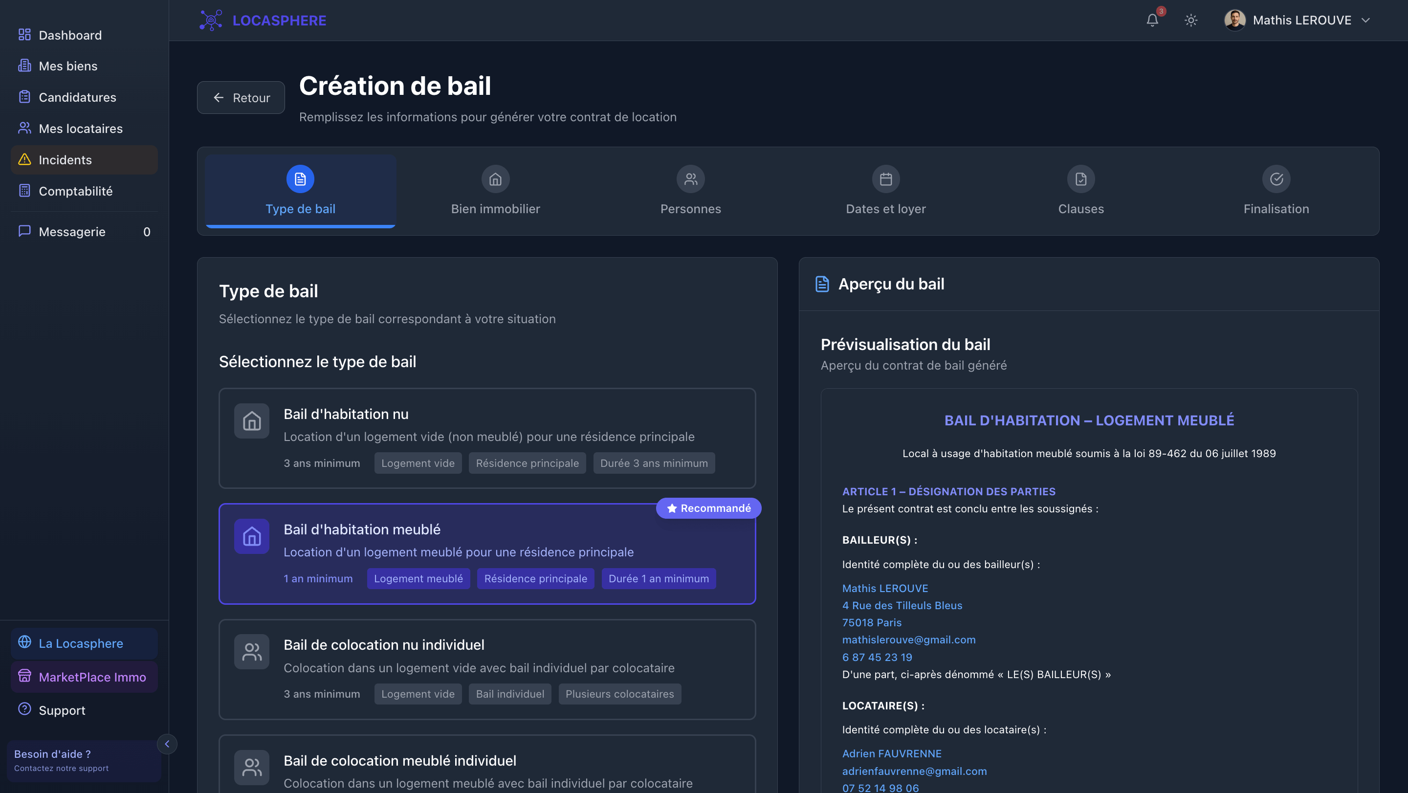 Création de bail de location en ligne sur Locasphere - modèles pré-remplis conformes avec ajout de clauses personnalisées