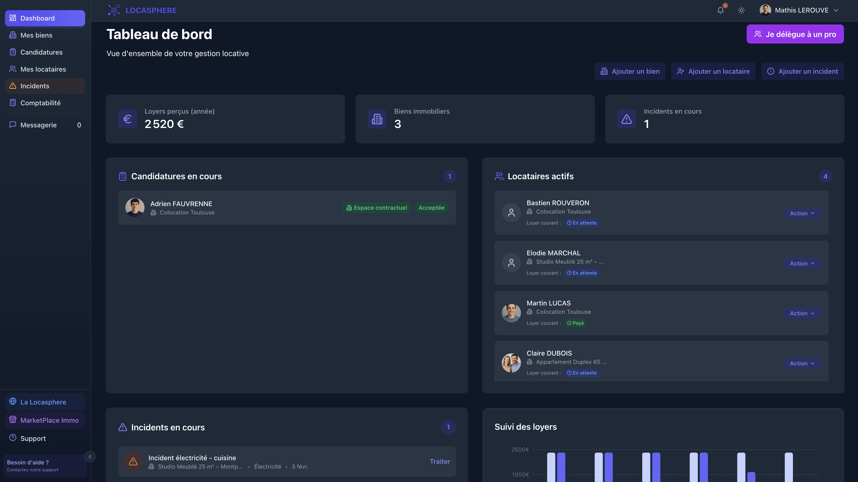 Dashboard propriétaire bailleur Locasphere - vue d'ensemble du patrimoine locatif avec suivi des loyers, candidatures et incidents
