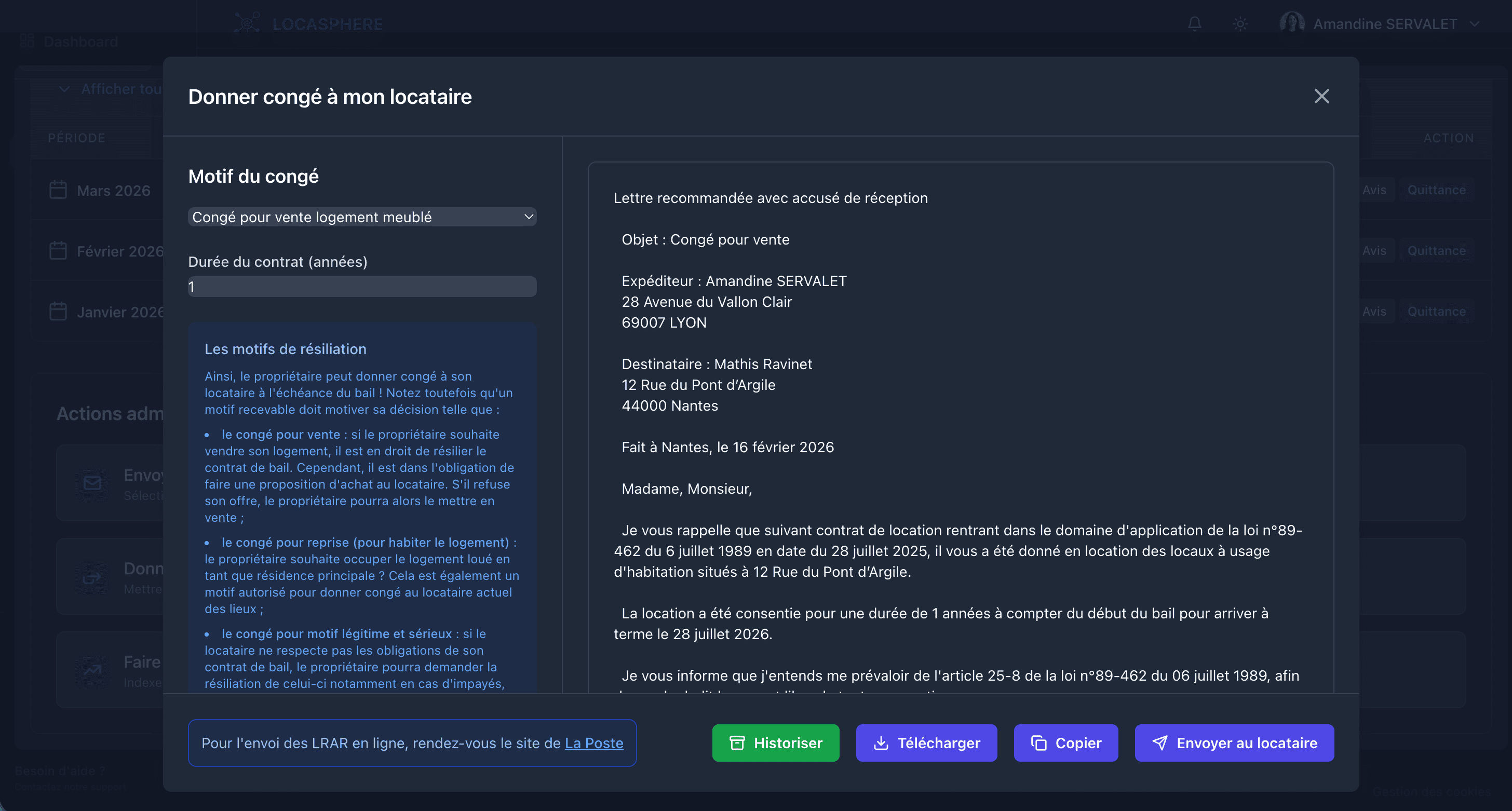 Génération du courrier de congé locataire sur Locasphere - modèle adapté selon la situation (vente, reprise, clause résolutoire)