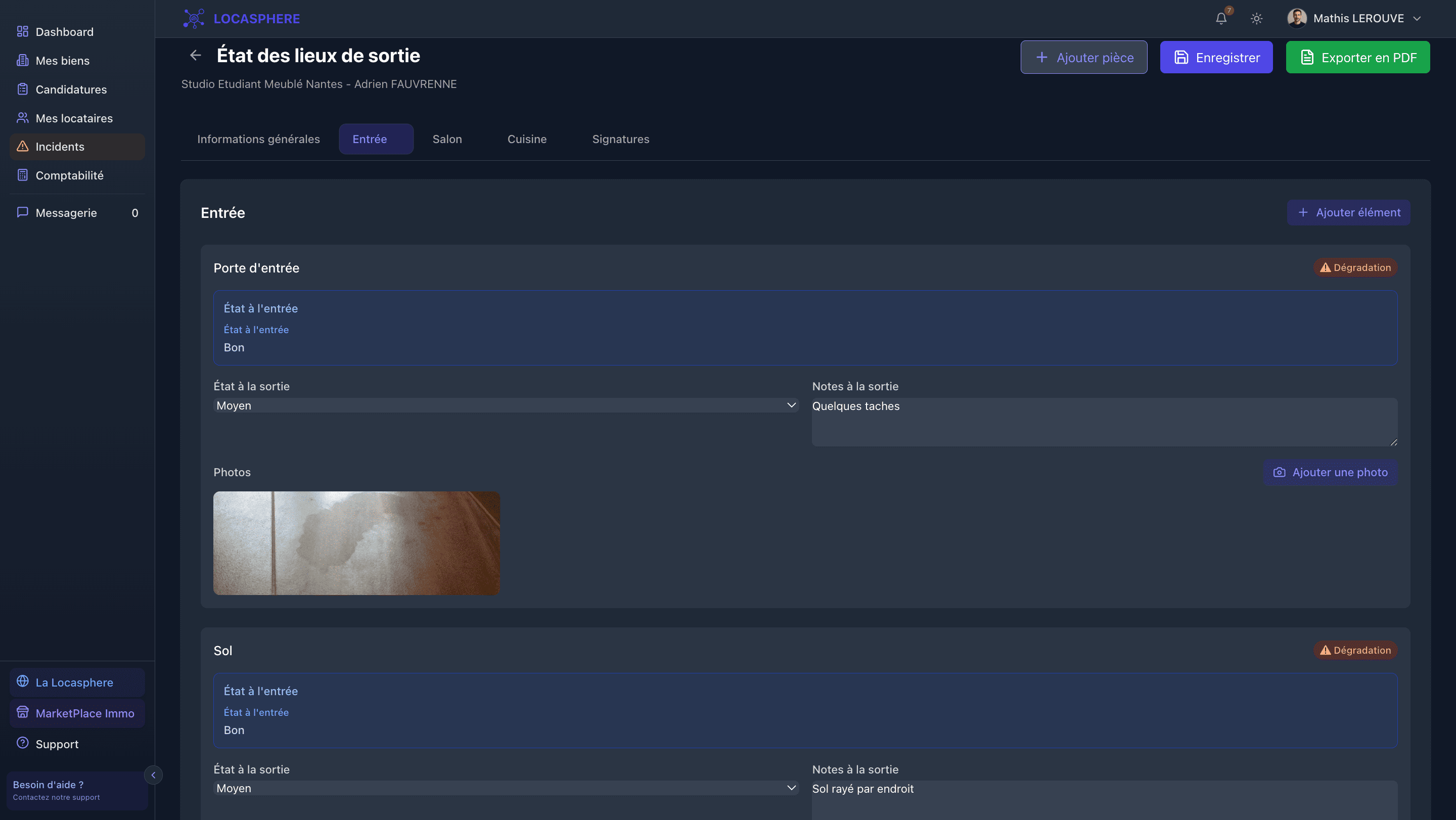 État des lieux numérique sur Locasphere - comparaison automatique entrée/sortie avec photos et commentaires pièce par pièce