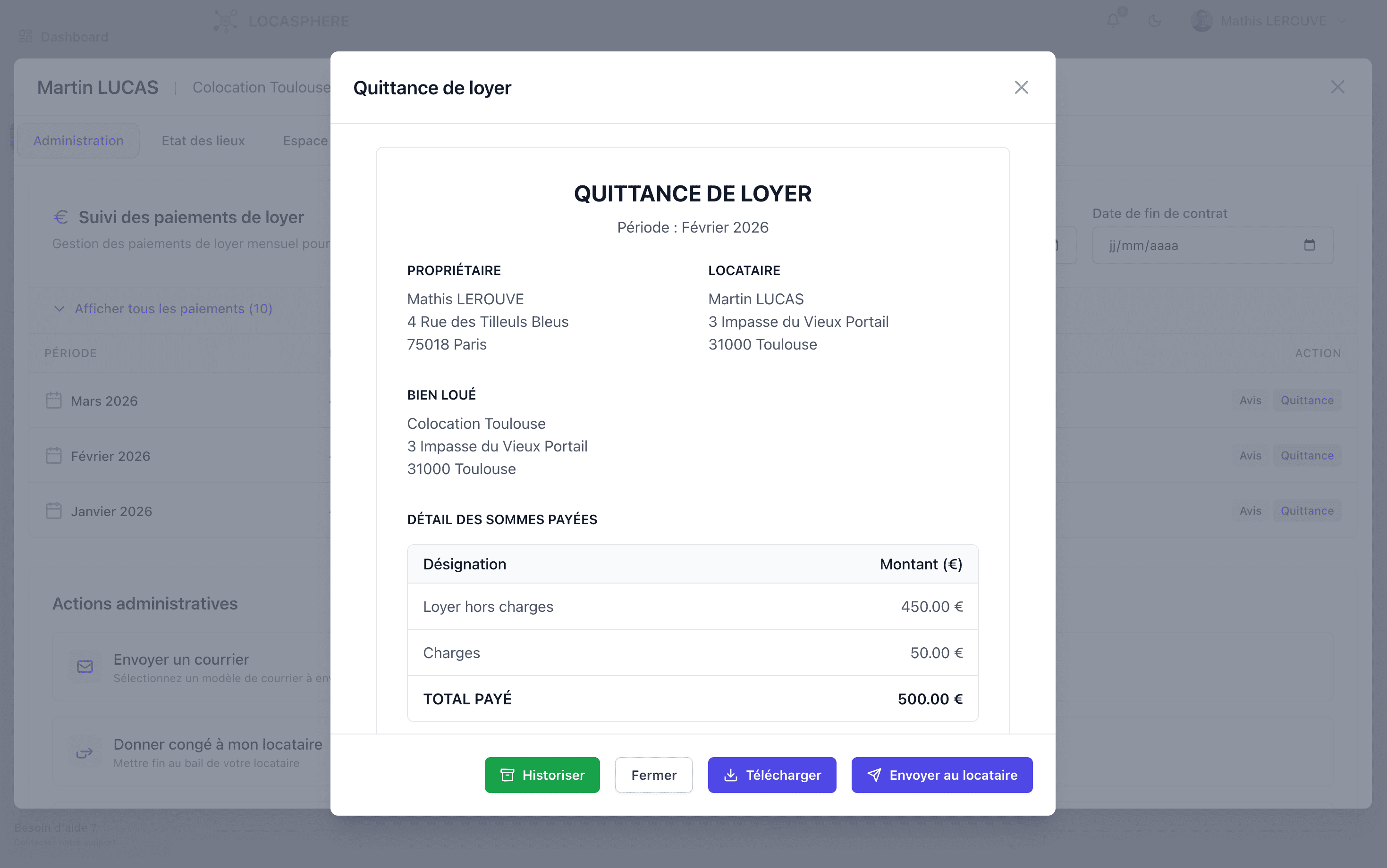 Gestion administrative locative en ligne sur Locasphere - quittances, avis d'échéance et modèles de courriers automatisés