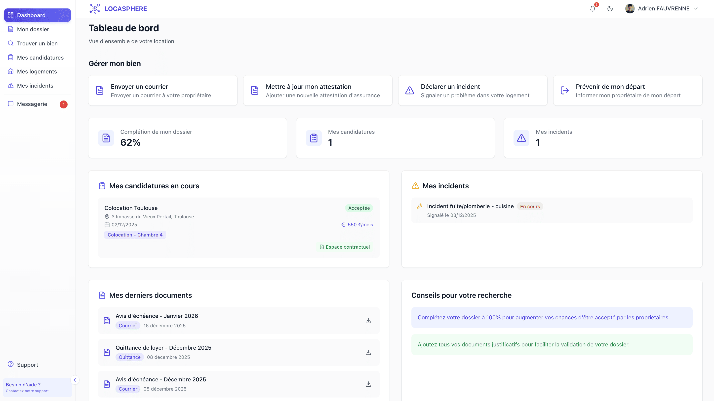 Espace locataire Locasphere - accès aux contrats, quittances, états des lieux et déclaration d'incidents en ligne