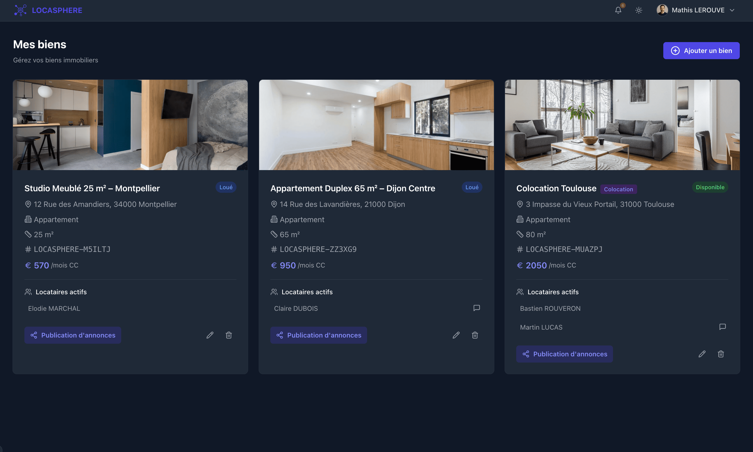 Interface de création de bien immobilier sur Locasphere - ajout de photos, diagnostics DPE et informations de location