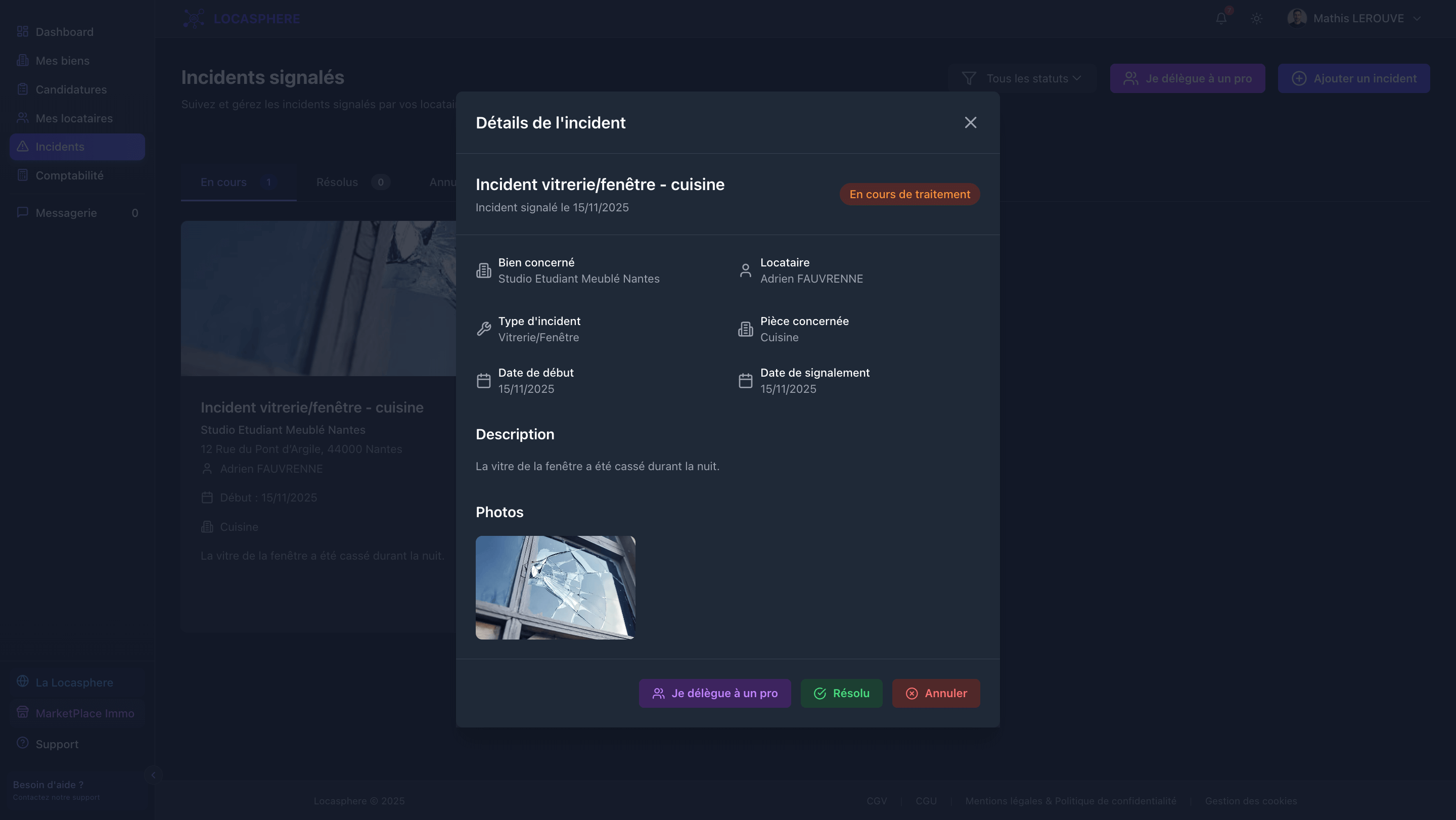 Gestion des incidents locatifs sur Locasphere - déclaration avec photos, suivi en temps réel et intervention professionnelle