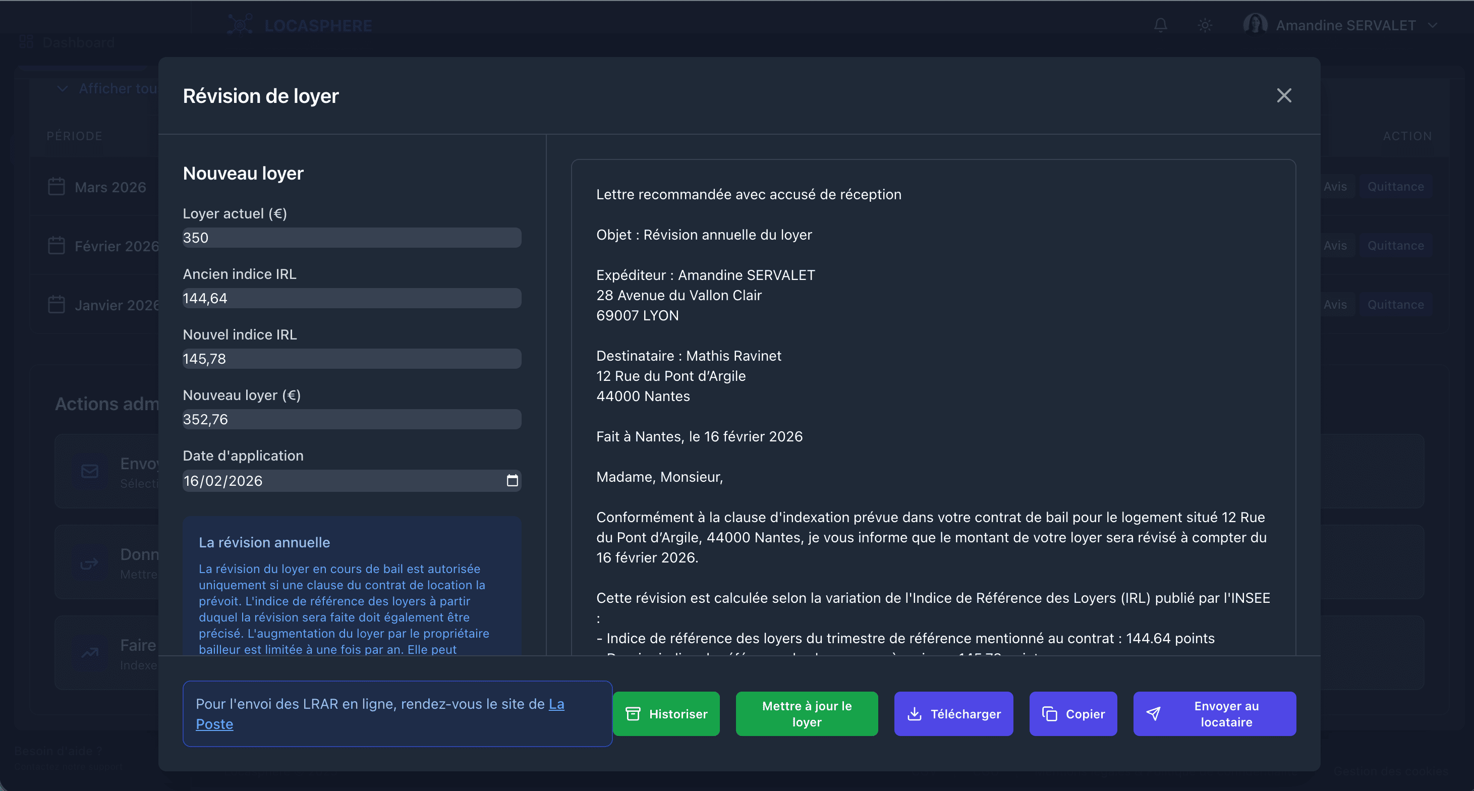 Outil de révision et indexation de loyer sur Locasphere - calcul automatique selon l'IRL et génération du courrier
