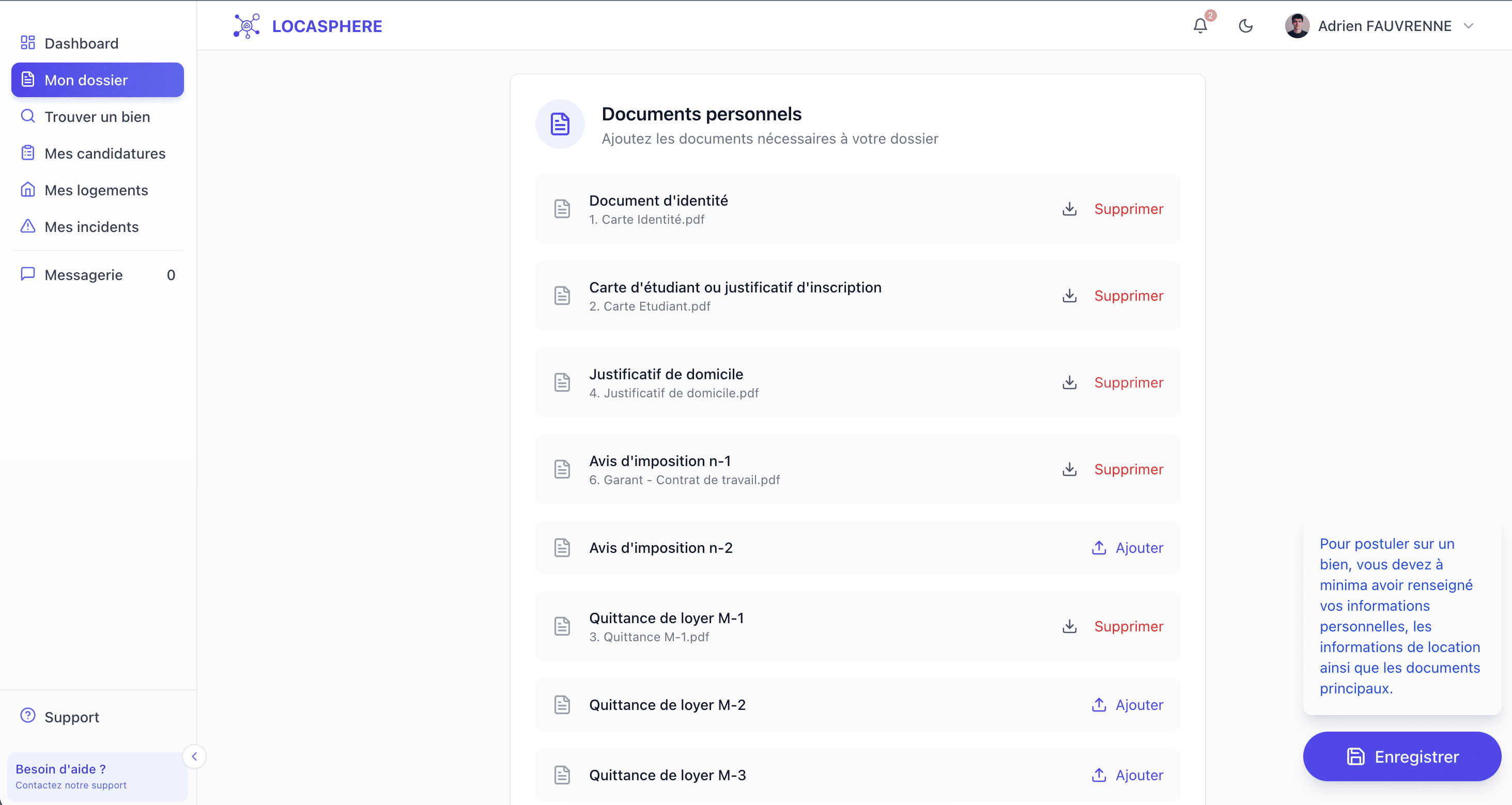 Constitution du dossier de candidature locataire sur Locasphere - upload des documents et informations requises