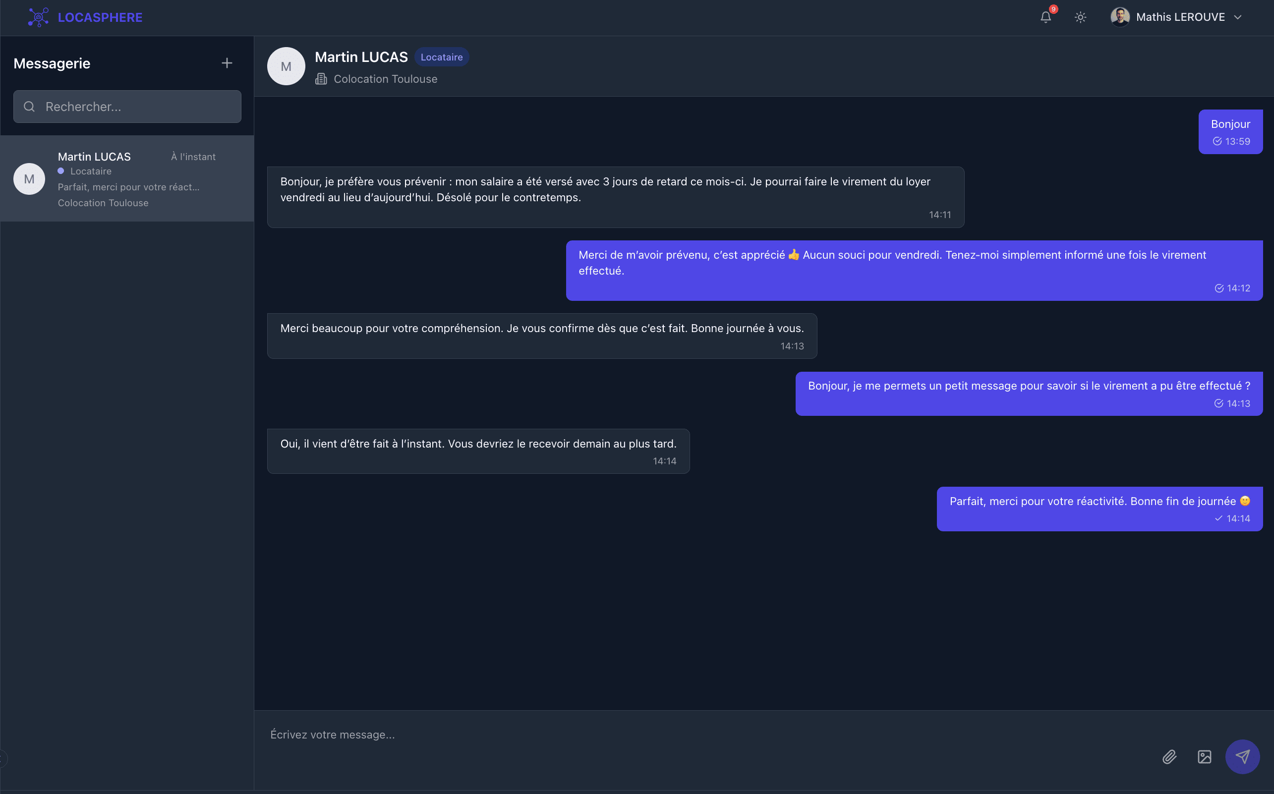 Messagerie intégrée Locasphere - échanges centralisés entre bailleurs et locataires avec historique archivé