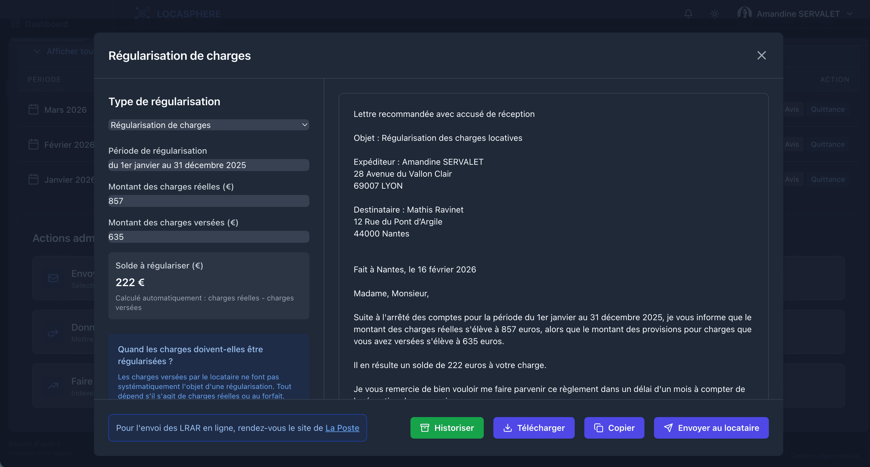 Régularisation des charges locatives sur Locasphere - calcul automatique du solde et génération du courrier locataire