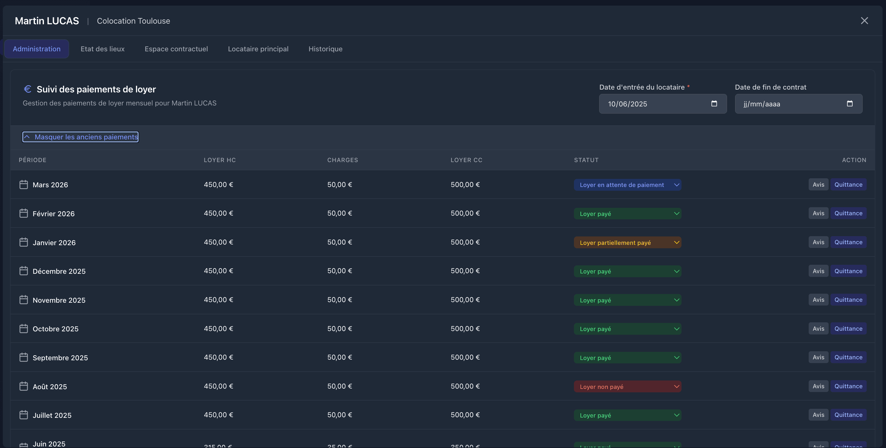 Tableau de suivi des loyers sur Locasphere - visualisation des loyers perçus, en attente et historique des paiements